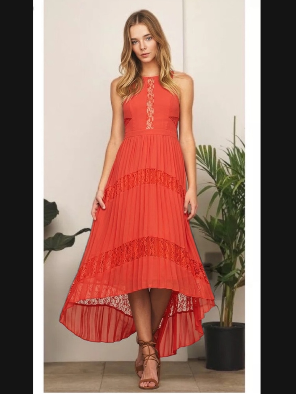 Adelyn Rae Coral High-Low Lace Maxi Dress